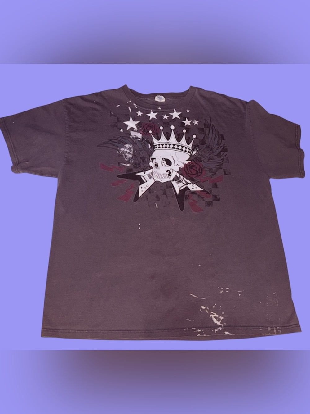 Vintage Thrashed Skull Guitar Tee XL Paint Splatter Authentic Distressed Y2K